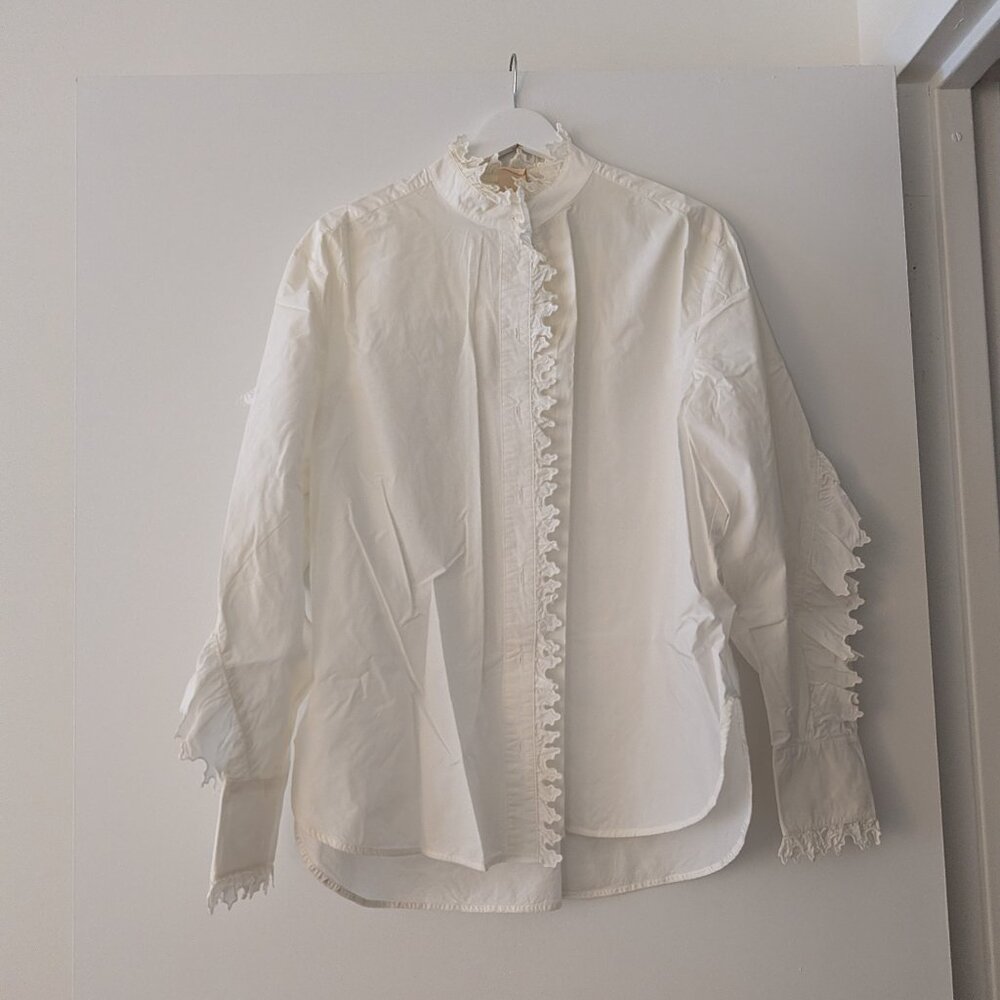 Elegant White Ruffled Shirt Size S